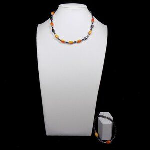 Vintage Hematite Necklace Orange Stones Barrel Clasp Matching Bracelet Set